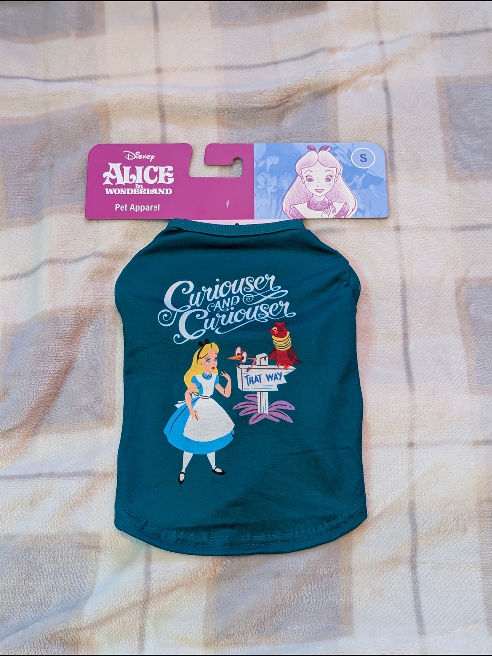 Disney Alice in Wonderland Teal Pet Shirt - Curiosity Design, Size Small